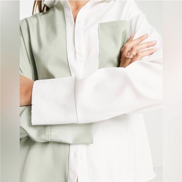 4th & Reckless X Free People Tall Color Block Shirt In Sage/Ecru - Picture 4 of 7